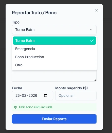 App del colaborador de SmartPlan+: reporte de turno extra con ubicación GPS